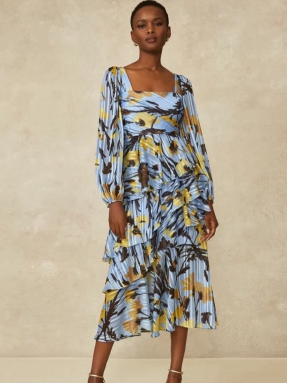 Pearl by Lela Rose Metallic Floral Square Neck Midi Dress Blue Yellow Sz 6